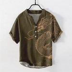 Buddha Stones Cotton Golden Dragon Pattern Men's Short Sleeve Half Button Shirt