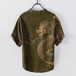 Buddha Stones Cotton Golden Dragon Pattern Men's Short Sleeve Half Button Shirt