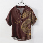 Buddha Stones Cotton Golden Dragon Pattern Men's Short Sleeve Half Button Shirt