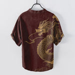 Buddha Stones Cotton Golden Dragon Pattern Men's Short Sleeve Half Button Shirt