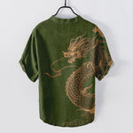 Buddha Stones Cotton Golden Dragon Pattern Men's Short Sleeve Half Button Shirt