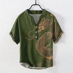 Buddha Stones Cotton Golden Dragon Pattern Men's Short Sleeve Half Button Shirt