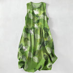 Buddha Stones Summer Casual Tropical Leaves Pattern Women's Summer Sleeveless Midi Dress With Pockets
