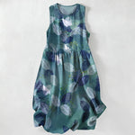 Buddha Stones Summer Casual Tropical Leaves Pattern Women's Summer Sleeveless Midi Dress With Pockets