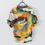 Buddha Stones Cotton Golden Dragon Auspicious Clouds Pattern Men's Short Sleeve Half Button Shirt