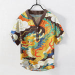 Buddha Stones Cotton Golden Dragon Auspicious Clouds Pattern Men's Short Sleeve Half Button Shirt