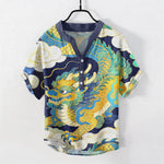 Buddha Stones Cotton Golden Dragon Auspicious Clouds Pattern Men's Short Sleeve Half Button Shirt