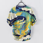 Buddha Stones Cotton Golden Dragon Auspicious Clouds Pattern Men's Short Sleeve Half Button Shirt