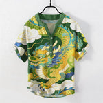 Buddha Stones Cotton Golden Dragon Auspicious Clouds Pattern Men's Short Sleeve Half Button Shirt