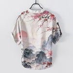 Buddha Stones Cotton Ink Landscape Plum Blossom Pattern Men's Short Sleeve Half Button Shirt