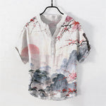 Buddha Stones Cotton Ink Landscape Plum Blossom Pattern Men's Short Sleeve Half Button Shirt