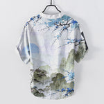 Buddha Stones Cotton Ink Landscape Plum Blossom Pattern Men's Short Sleeve Half Button Shirt