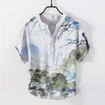 Buddha Stones Cotton Ink Landscape Plum Blossom Pattern Men's Short Sleeve Half Button Shirt