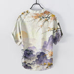 Buddha Stones Cotton Ink Landscape Plum Blossom Pattern Men's Short Sleeve Half Button Shirt