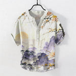 Buddha Stones Cotton Ink Landscape Plum Blossom Pattern Men's Short Sleeve Half Button Shirt