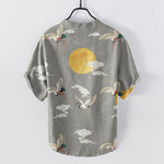 Buddha Stones Cotton Crane Cloud Sun Pattern Men's Short Sleeve Half Button Shirt