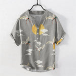 Buddha Stones Cotton Crane Cloud Sun Pattern Men's Short Sleeve Half Button Shirt
