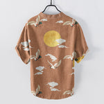 Buddha Stones Cotton Crane Cloud Sun Pattern Men's Short Sleeve Half Button Shirt