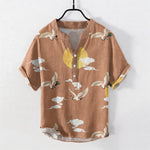 Buddha Stones Cotton Crane Cloud Sun Pattern Men's Short Sleeve Half Button Shirt