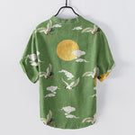 Buddha Stones Cotton Crane Cloud Sun Pattern Men's Short Sleeve Half Button Shirt