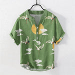 Buddha Stones Cotton Crane Cloud Sun Pattern Men's Short Sleeve Half Button Shirt