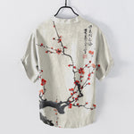 Buddha Stones Cotton Plum Blossom Branch Pattern Calligraphy Men's Short Sleeve Half Button Shirt