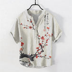 Buddha Stones Cotton Plum Blossom Branch Pattern Calligraphy Men's Short Sleeve Half Button Shirt