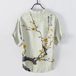 Buddha Stones Cotton Plum Blossom Branch Pattern Calligraphy Men's Short Sleeve Half Button Shirt