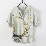 Buddha Stones Cotton Plum Blossom Branch Pattern Calligraphy Men's Short Sleeve Half Button Shirt