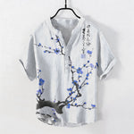 Buddha Stones Cotton Plum Blossom Branch Pattern Calligraphy Men's Short Sleeve Half Button Shirt