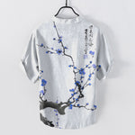 Buddha Stones Cotton Plum Blossom Branch Pattern Calligraphy Men's Short Sleeve Half Button Shirt
