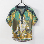 Buddha Stones Cotton Radiant Buddha Floral Pattern Men's Short Sleeve Half Button Shirt