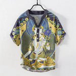 Buddha Stones Cotton Radiant Buddha Floral Pattern Men's Short Sleeve Half Button Shirt