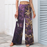 Buddha Stones Cotton Linen Golden Bamboo Pattern Women's Elastic Waist Wide Leg Pants With Pockets