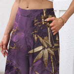 Buddha Stones Cotton Linen Golden Bamboo Pattern Women's Elastic Waist Wide Leg Pants With Pockets