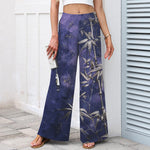 Buddha Stones Cotton Linen Golden Bamboo Pattern Women's Elastic Waist Wide Leg Pants With Pockets