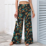 Buddha Stones Cotton Linen Turquoise Vine Floral Pattern Women's Elastic Waist Wide Leg Pants With Pockets