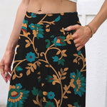 Buddha Stones Cotton Linen Turquoise Vine Floral Pattern Women's Elastic Waist Wide Leg Pants With Pockets