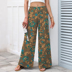 Buddha Stones Cotton Linen Turquoise Vine Floral Pattern Women's Elastic Waist Wide Leg Pants With Pockets