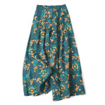 Buddha Stones Cotton Linen Turquoise Vine Floral Pattern Women's Elastic Waist Wide Leg Pants With Pockets