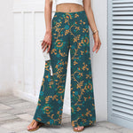 Buddha Stones Cotton Linen Turquoise Vine Floral Pattern Women's Elastic Waist Wide Leg Pants With Pockets