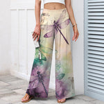 Buddha Stones Cotton Linen Watercolor Dragonfly Pattern Women's Elastic Waist Wide Leg Pants With Pockets