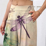 Buddha Stones Cotton Linen Watercolor Dragonfly Pattern Women's Elastic Waist Wide Leg Pants With Pockets
