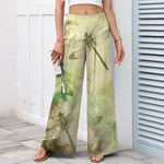 Buddha Stones Cotton Linen Watercolor Dragonfly Pattern Women's Elastic Waist Wide Leg Pants With Pockets