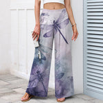 Buddha Stones Cotton Linen Watercolor Dragonfly Pattern Women's Elastic Waist Wide Leg Pants With Pockets