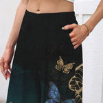Buddha Stones Cotton Linen Butterfly Pattern Women's Elastic Waist Wide Leg Pants With Pockets