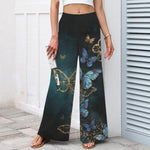 Buddha Stones Cotton Linen Butterfly Pattern Women's Elastic Waist Wide Leg Pants With Pockets
