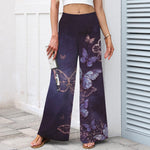 Buddha Stones Cotton Linen Butterfly Pattern Women's Elastic Waist Wide Leg Pants With Pockets