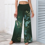 Buddha Stones Cotton Linen Butterfly Pattern Women's Elastic Waist Wide Leg Pants With Pockets