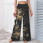 Buddha Stones Cotton Linen Golden Lotus Pattern Women's Elastic Waist Wide Leg Pants With Pockets